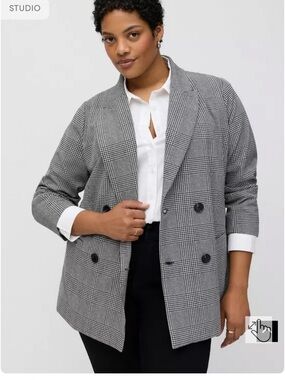torrid Gray Glen Plaid Relaxed Double-Breasted Crepe Blazer